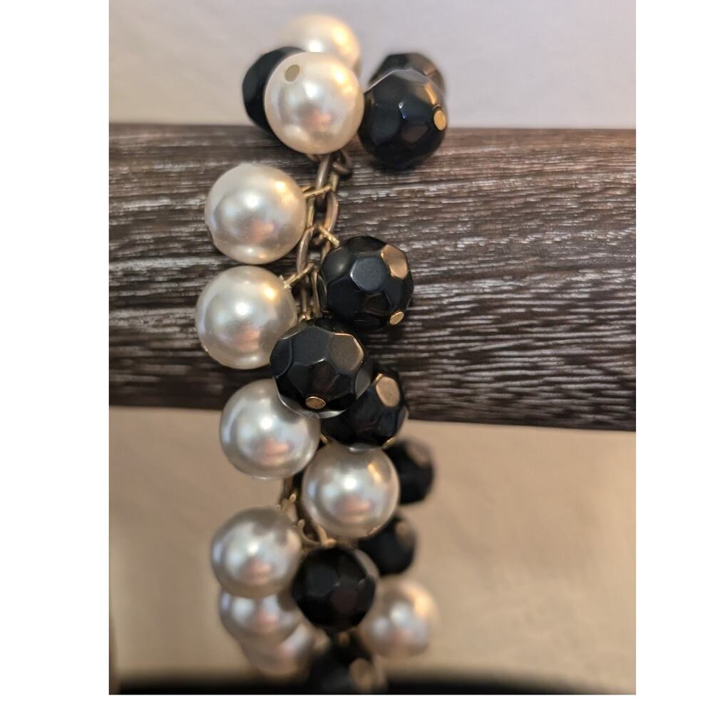 Vintage Black Faceted Acrylic & Faux Pearl Bead Cha-Cha Goldtone Bracelet